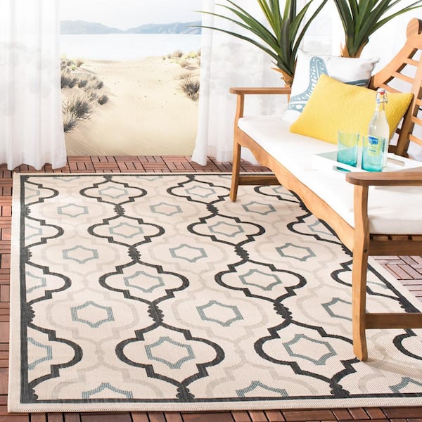 Courtyard Light Beige/Black 9 ft. x 12 ft. Geometric Indoor/Outdoor Patio  Area Rug