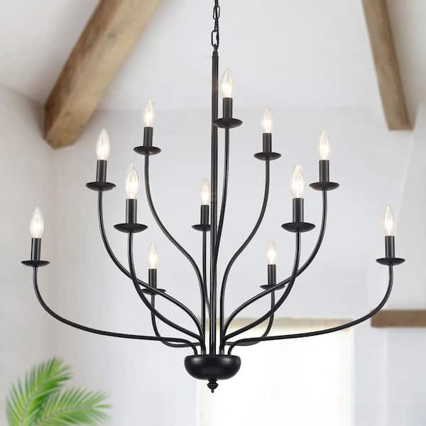 12-Light Transitional Black Candlestick Chandelier Modern Pendant Light for Dining Room