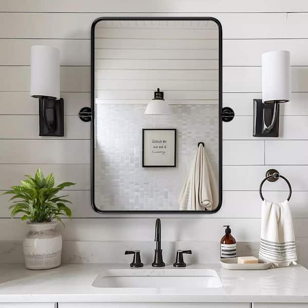 24 in. W x 36 in. H Modern Rectangular Black Stainless Steel Frame Round Corner Adjustable Vanity Mirror Wall Mirror
