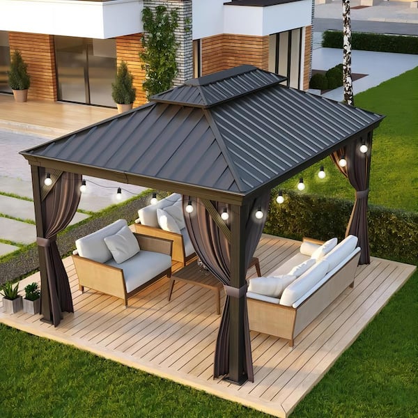 10 ft. x 12 ft. Gray Patio Outdoor Gazebo for Backyard Hardtop Aluminum Frame, Hooks, Netting, Curtain 24-Lights