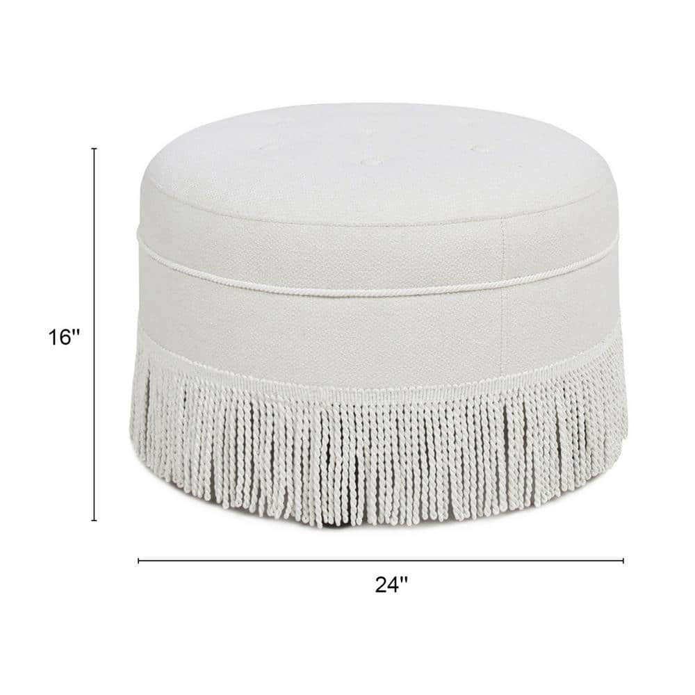 Alabaster Off-White Tufted Round Ottoman with Fringe