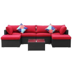 Black 7-Piece Wicker Outdoor Patio Furniture Sofa Set with Red Cushion