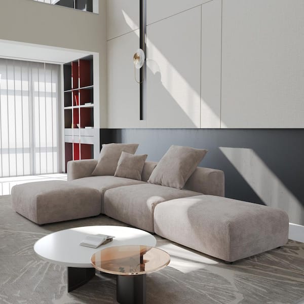 J&E Home 129.92 in. Square Arm Corduroy Velvet 4-Pieces Modular Free Combination Sectional Sofa with Ottoman in. Brown