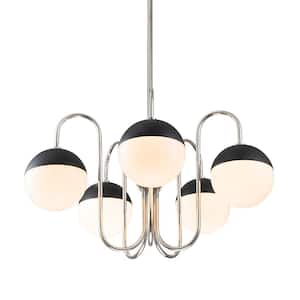 Goouu 28.3-in.W 5-Light Polished Nickel/Black Large Classic Chandelier with Milk White Glass Shades for Dining Room