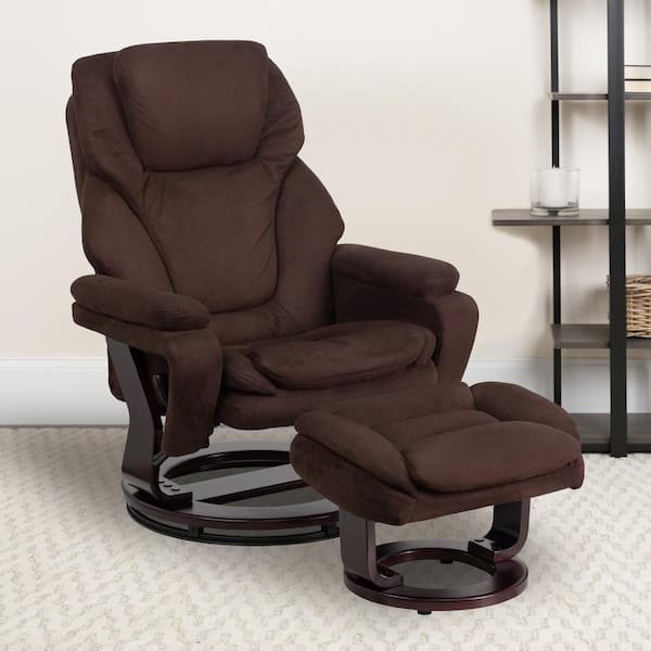 Flash Furniture Austin Brown Microfiber Fabric Swivel Recliner with Ottoman with Swivel Mahogany Wood Base