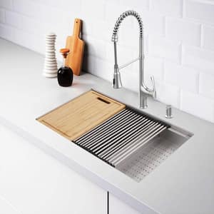 AIO Zero Radius Undermount 18G Stainless Steel 33 in. 50/50 Double Bowl Workstation Kitchen Sink with Spring Neck Faucet