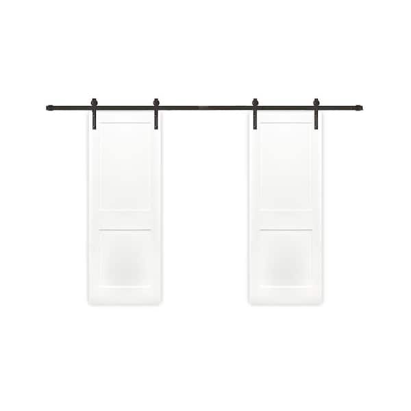 Pacific Entries 60 in. x 80 in. Bi-Part Shaker 2-Panel Solid Core Primed Pine Sliding Barn Door with Bronze Hardware Kit