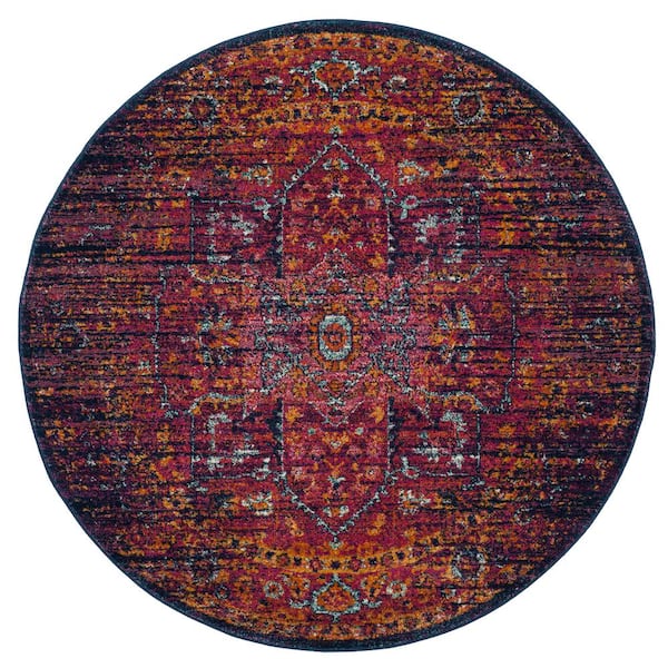 SAFAVIEH Evoke Blue/Fuchsia 5 ft. x 5 ft. Round Border Area Rug