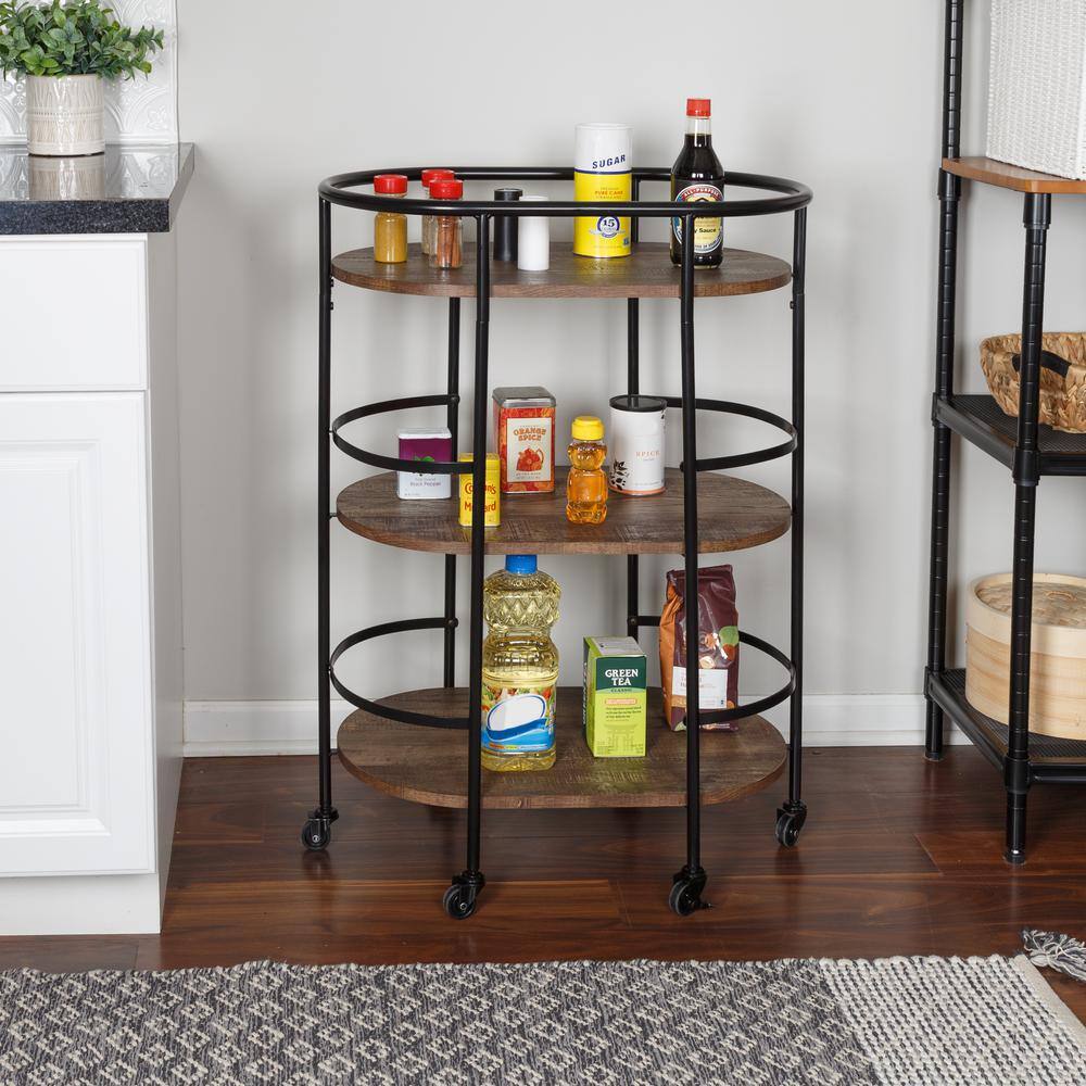 Rustic Brown and Black 3-Tier Oval Bar Cart with Storage