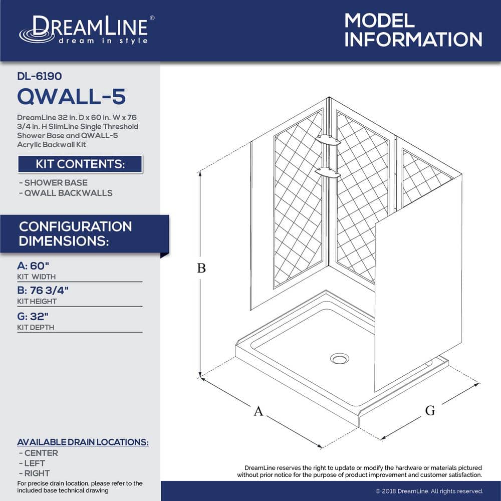 White Acrylic Square Alcove Shower Kit with Center Drain