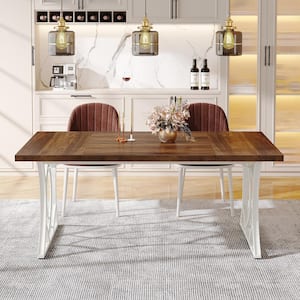 Roesler Walnut and White Wood 62.99 in. W Double Pedestal Long Rectangular Dining Table Seats 6 for Kitchen, Dining Room