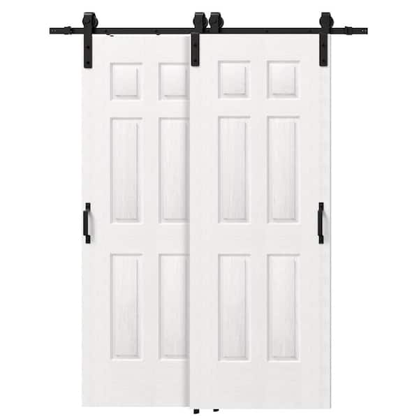 60 in x 84 in (Double 30 in.Doors) White, MDF & DIY Painted, Finished Double 6 Panel Sliding Barn Door Hardware Kit