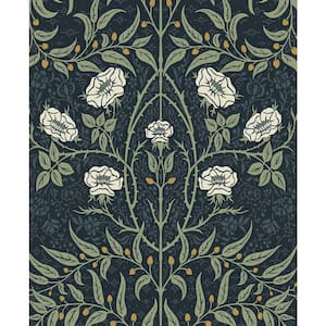 Navy and Sage Stenciled Floral Pre-Pasted Paper Wallpaper Roll 56 sq. ft.
