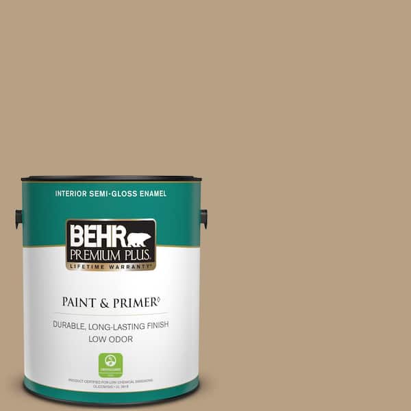 BEHR PREMIUM PLUS 1 gal. Home Decorators Collection #HDC-AC-12 Craft Brown Semi-Gloss Enamel Low Odor Interior Paint & Primer