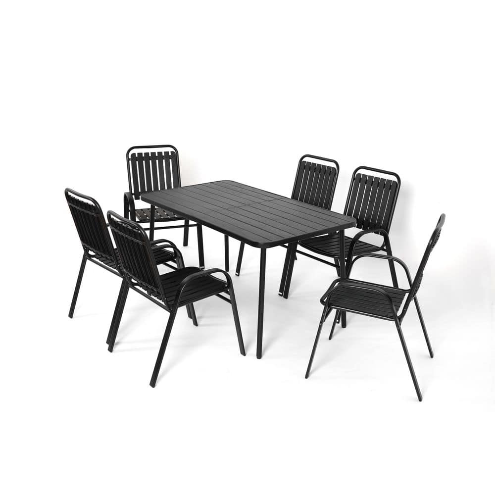 7-Piece Metal Outdoor Dining Set with 6 Black Dining Chairs and Steel Table
