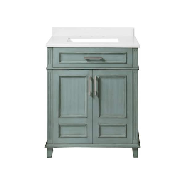 Highgate 30 in. Single Sink Freestanding Sea Foam Green Bath Vanity with White Engineered Stone Top (Assembled)