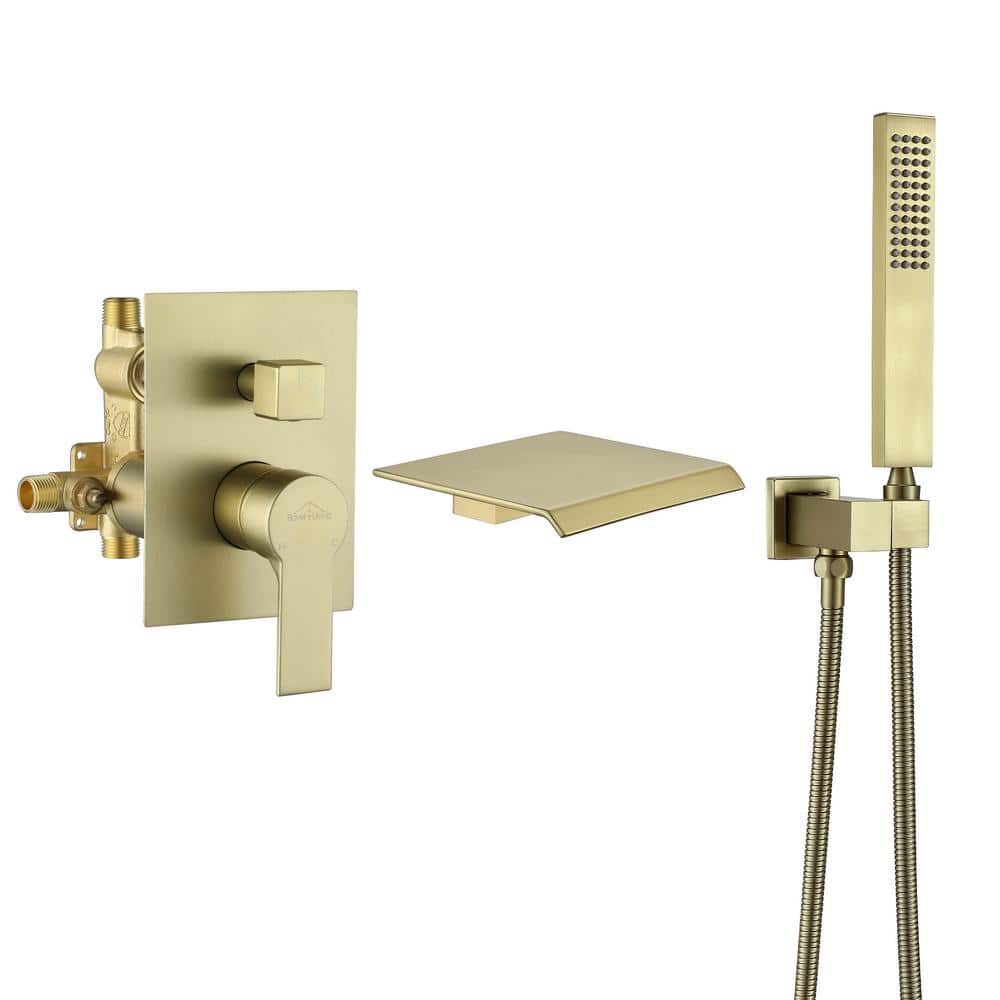 Single-Handle Wall-Mount Roman Tub Faucet with Hand Shower in. Brushed Gold