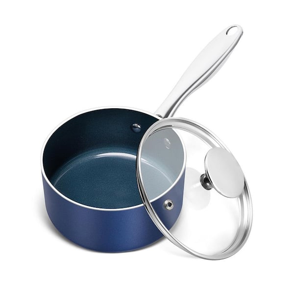 1 qt. Saucepan with Lid, Nonstick Ceramic Stock Pot, Stainless Steel Handle, Oven Safe, Blue, 1 qt. Capacity