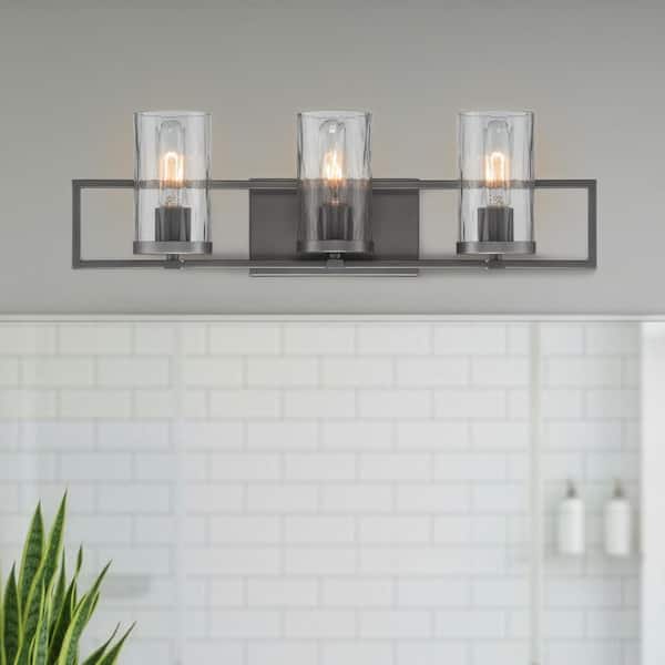 Elements 24 in. 3-Light Charcoal Industrial Vanity Light with Rain Glass Shades
