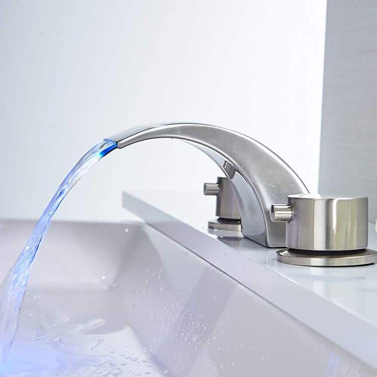 Brushed Nickel 8-Inch Widespread Waterfall Bathroom Faucet with LED Light