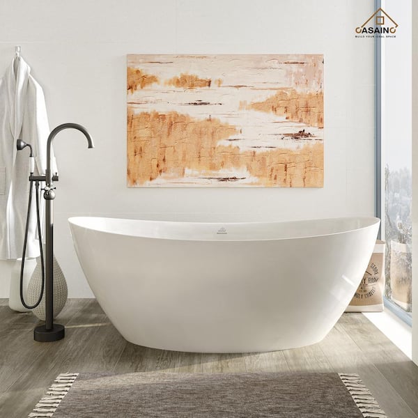 CASAINC 59 in. 30 in. Stone Resin Solid Surface Double-headed Raised Soaking Bathtub in Matte White with Matte Black Faucet