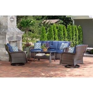 Strathmere 4-Piece Wicker Patio Sectional Seating Set with Navy Blue Cushions, Sofa, 2 Chairs, 4 Pillows, Coffee Table
