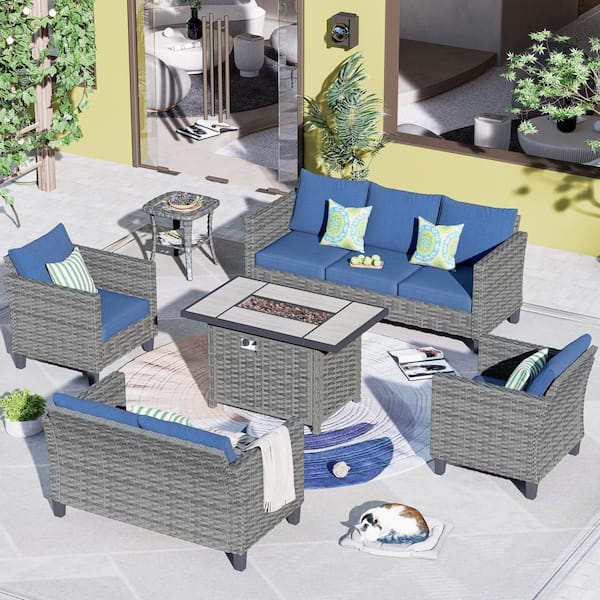 OVIOS New Star Gray 6-Piece Wicker Patio Rectangle Fire Pit Conversation Seating Set with Blue Cushions