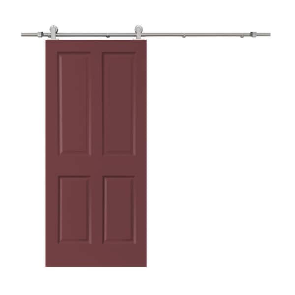CALHOME 30 in. x 80 in. Maroon Stained Composite MDF 4 Panel Interior Sliding Barn Door with Hardware Kit
