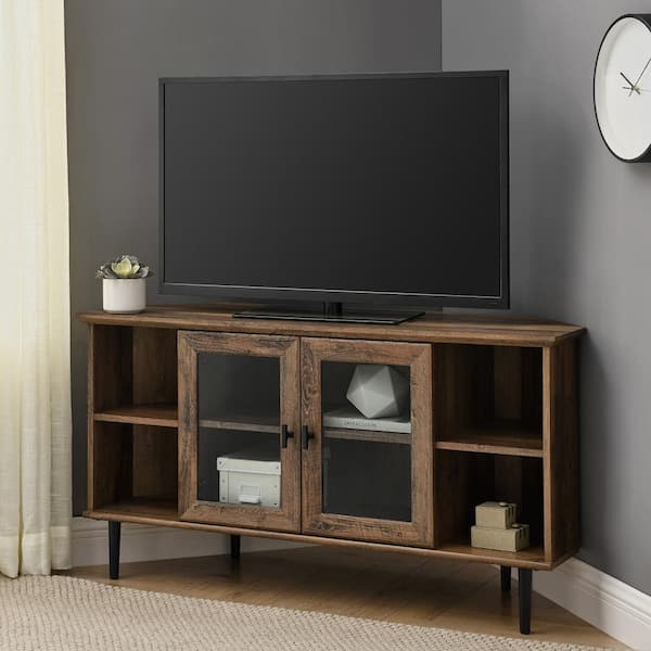 Walker Edison Furniture Company 48 in. Farmhouse Rustic Oak Wood Corner TV Stand with Glass Doors and Open Storage (Max TV Size 55 in.)
