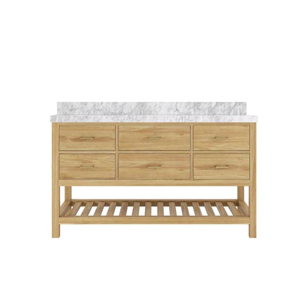 Willow Collections Parker Teak 60 in. Single Sink Freestanding Light Natural Bath Vanity with Carrara Marble Top