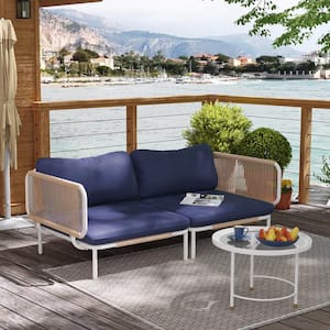 2-Piece Metal Outdoor Sectional Sofa with Navy Blue Cushions 4-Armrest