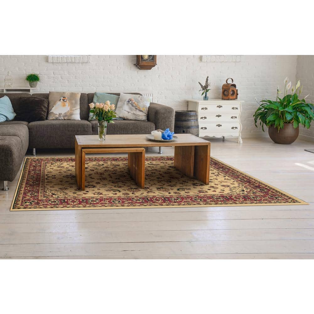 Ivory and Burgundy Synthetic 8' x 10' Traditional Rectangular Area Rug