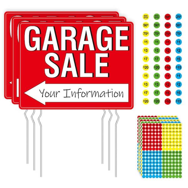 3 Pack Double Sided Plastic Yard Sale Signs Fluorescent Neon Color with Arrow Metal Stakes and 960 Price Labels