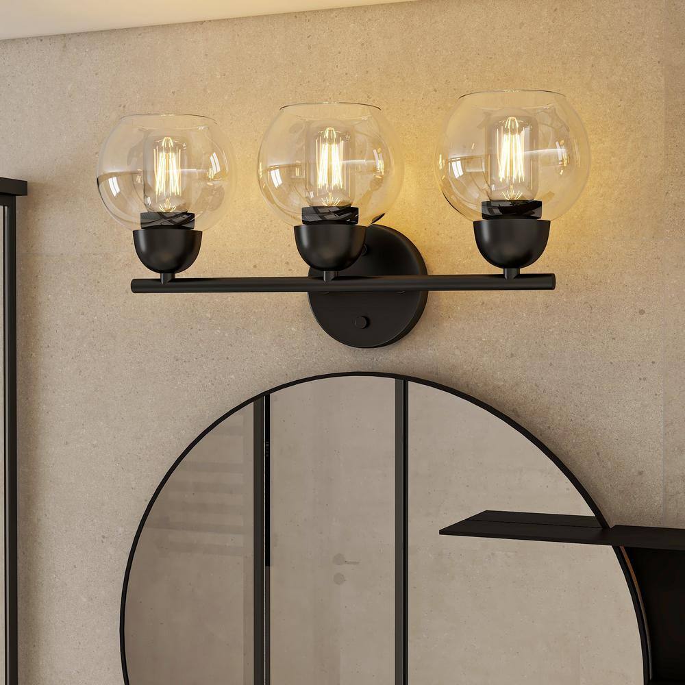 Black Metal 3-Light Dimmable Vanity Light with Clear Glass Shades