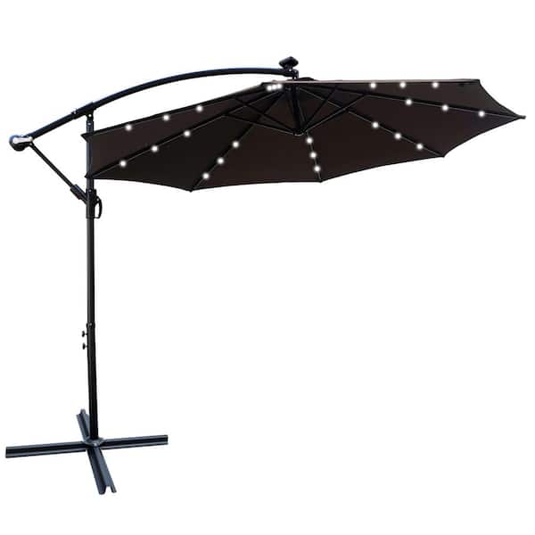2-Pack 10 ft. Steel Octagao Solar Powered 24-LED UPF 40 Plus Patio Umbrella in Chocolate with Cross Base and Crank Lift
