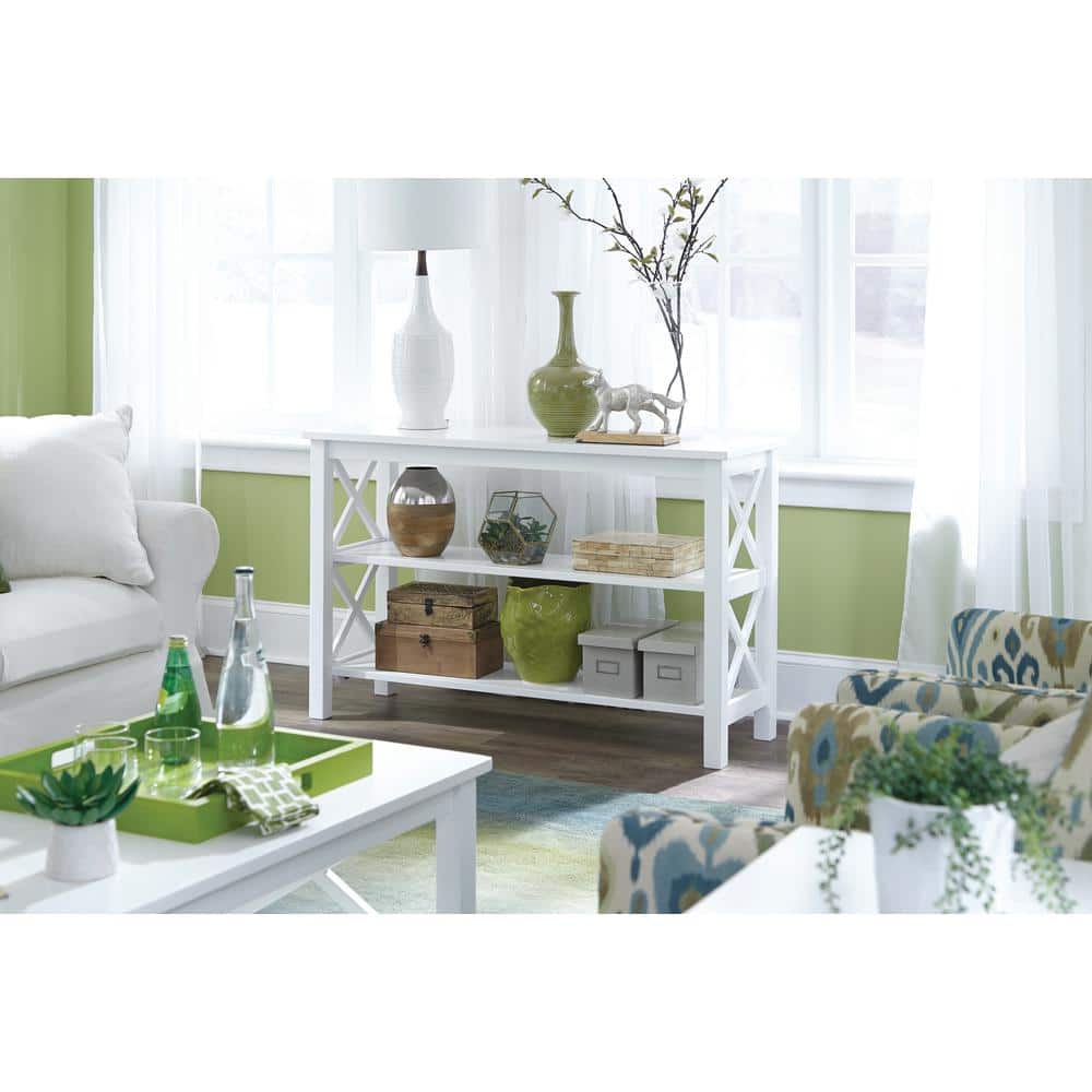 White Solid Wood Rectangular Console Table with Shelves
