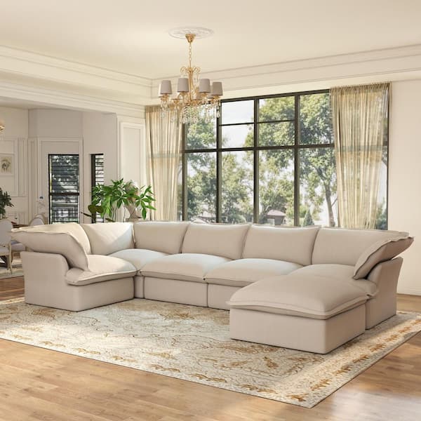 V-shaped 123 in. Flared Arm 6-Piece Down Filled Linen Modular Sectional Sofa Corner Cloud Couch with Ottoman in. Beige