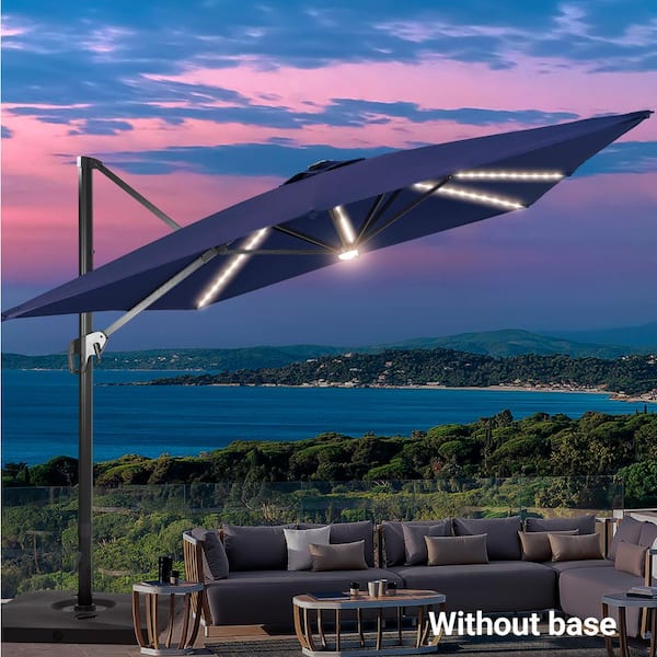 11.5 x 9 ft. Rectangular Aluminum Pole Cantilever LED Patio Umbrella Solution-Dyed Fabric, Navy Blue