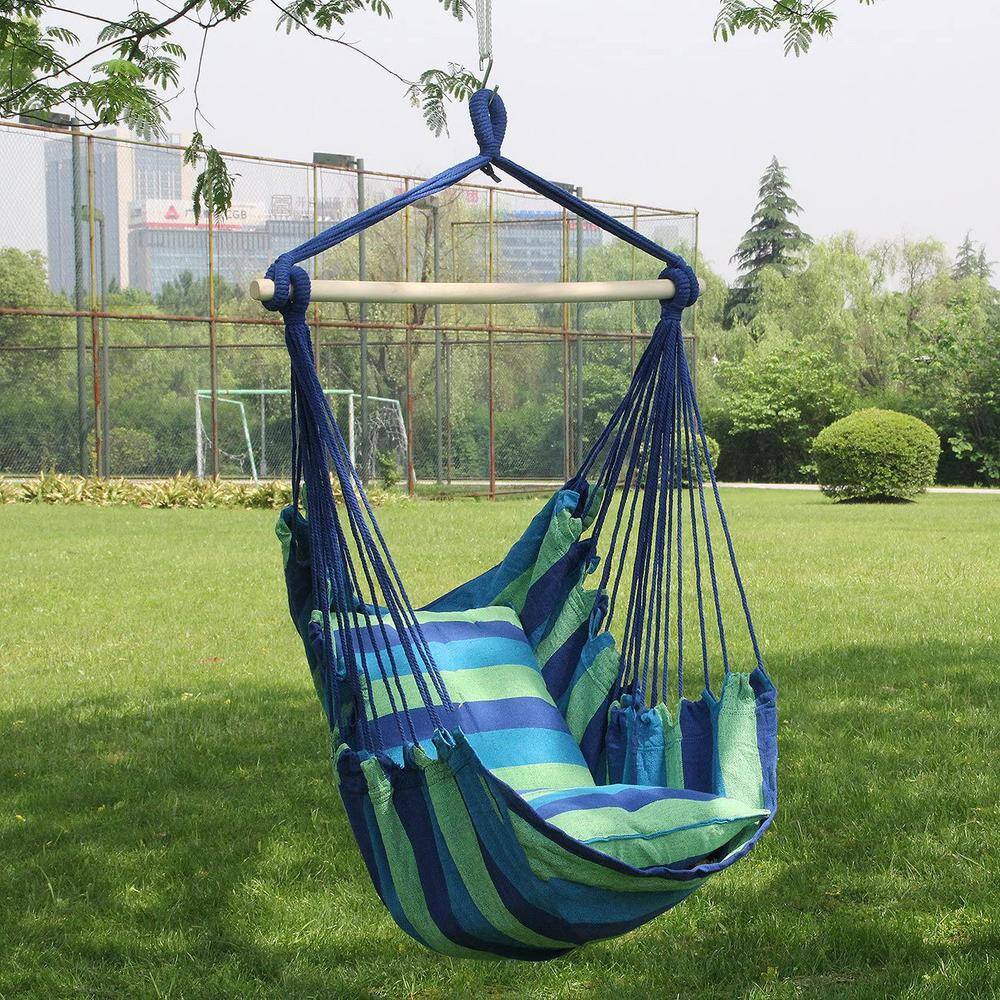 Blue and Green Striped Hanging Hammock Chair with Cushions