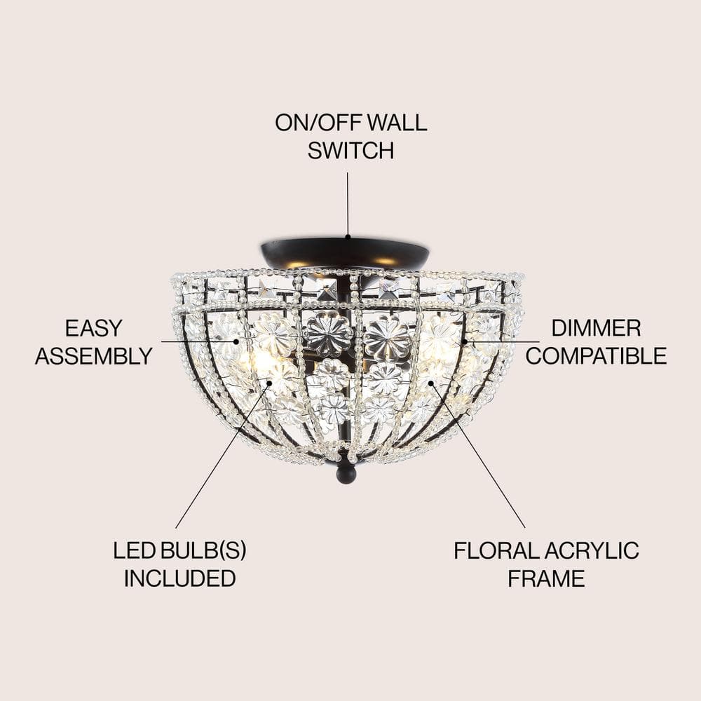 Billie 12" Black Crystal Flower LED Semi-Flush Mount
