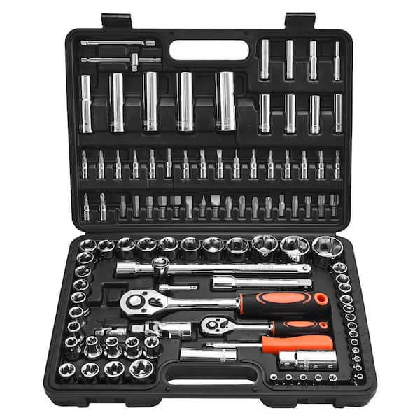 Socket Set, 108 Pieces, 1/4 and 1/2 in. Drive Socket and Ratchet Set, Metric Size from 4 to 32 mm, Mechanic Tool Kit