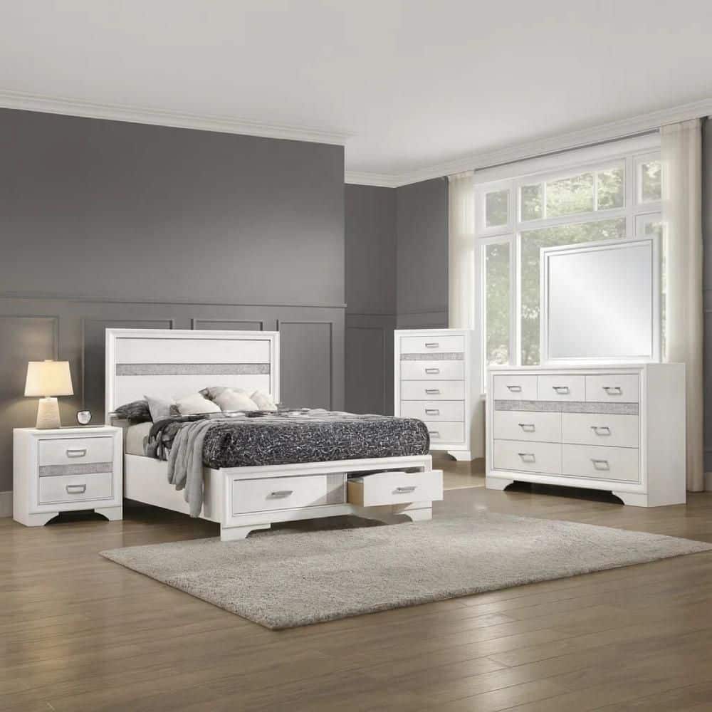 Vino 5-Piece White Wood Full Bedroom Set with Storage Dresser, Nightstand, Chest and Mirror price history on PriceWatchPro
