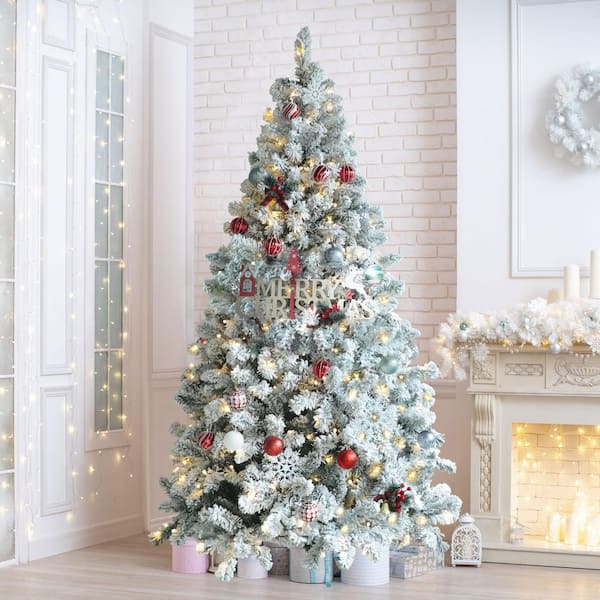VEIKOUS 6.5 ft. Pre-Lit LED Flocked Artificial Christmas Tree with Warm White Light