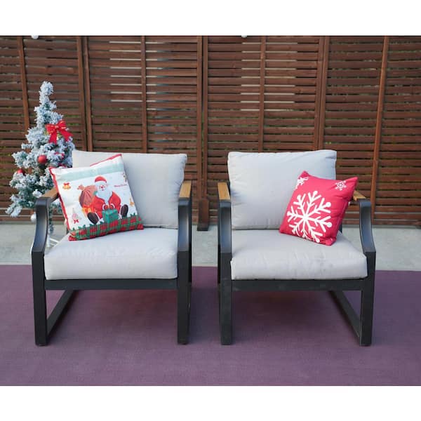 Elves 2-Piece Black Aluminum Outdoor Patio Single Chair With Gray Cushions