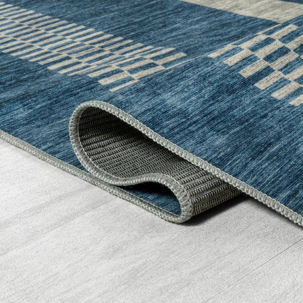 Blue and Cream Striped Machine-Washable Synthetic Area Rug