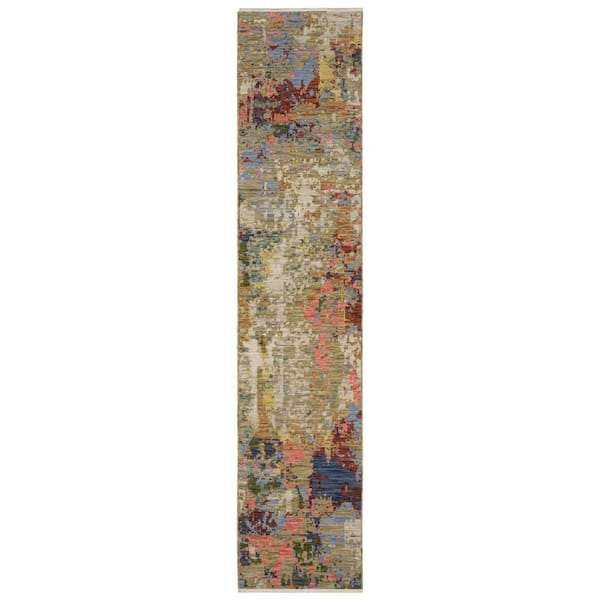 2 ft. x 12 ft. Beige Abstract Washable Area Rug