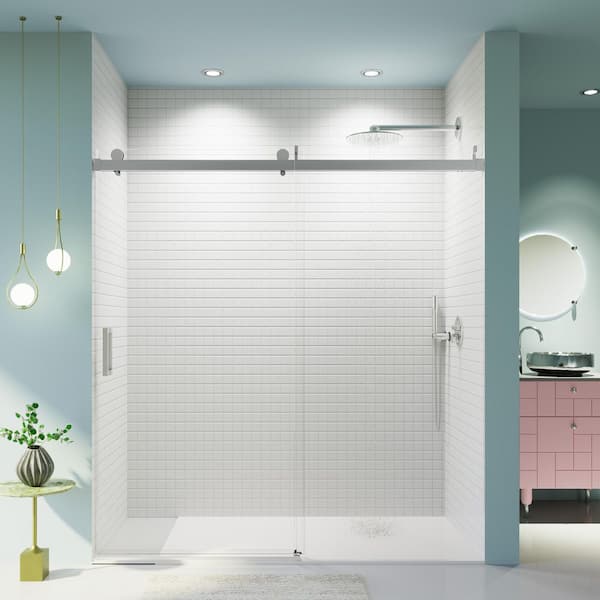 EAKYHOM Reversible 68 to 72 in. W x 76 in. H Single Sliding Frameless Shower Door in Chrome with Soft-Close and Tempered Glass