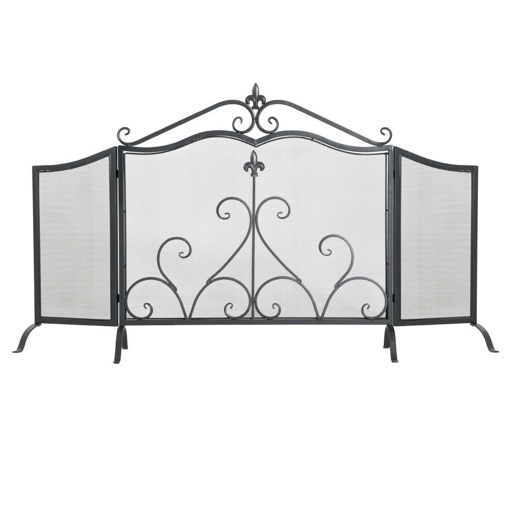 CHRISTOPHER KNIGHT HOME Onyx 54 in. 3-Panel Freestanding Iron Fireplace Screen with Black Finish and Fleur-de-lis Design