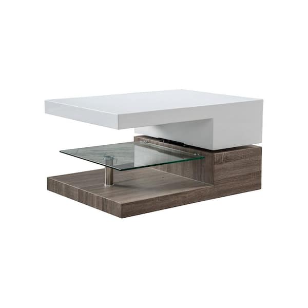 Noble House Ester 32 in. Glossy White/Dark Oak Medium Rectangle Wood Coffee Table with Shelf