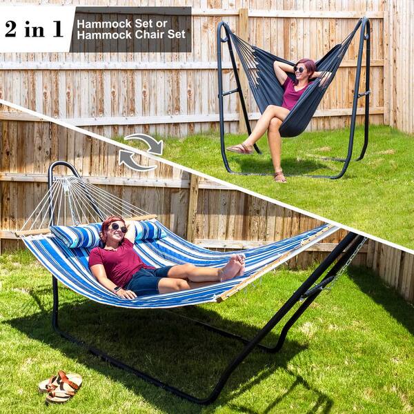95%OFF!】 さくら機電SUNCREAT 2-in-1 Patent Pending Hammock Chair with Stand, 475  lbs Capacity, Heavy Duty Two Person Blue Stripe